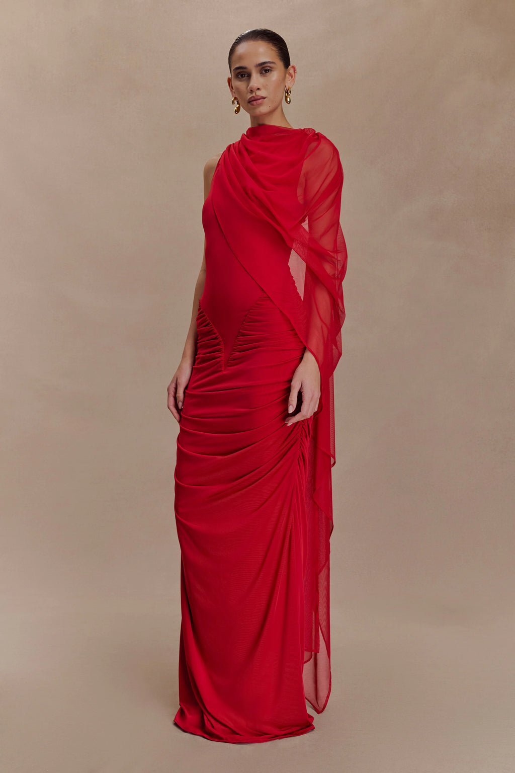 Amandine Ruched Slinky Maxi Dress - Ruby