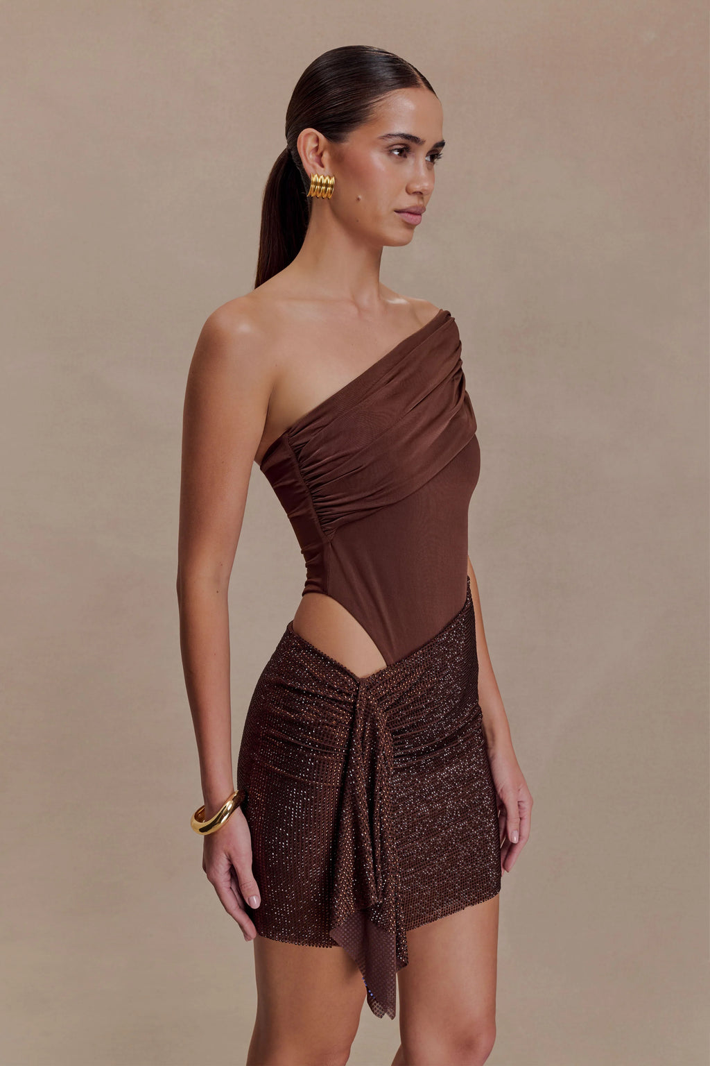 Paisley Slinky And Diamante Mini Dress - Chocolate