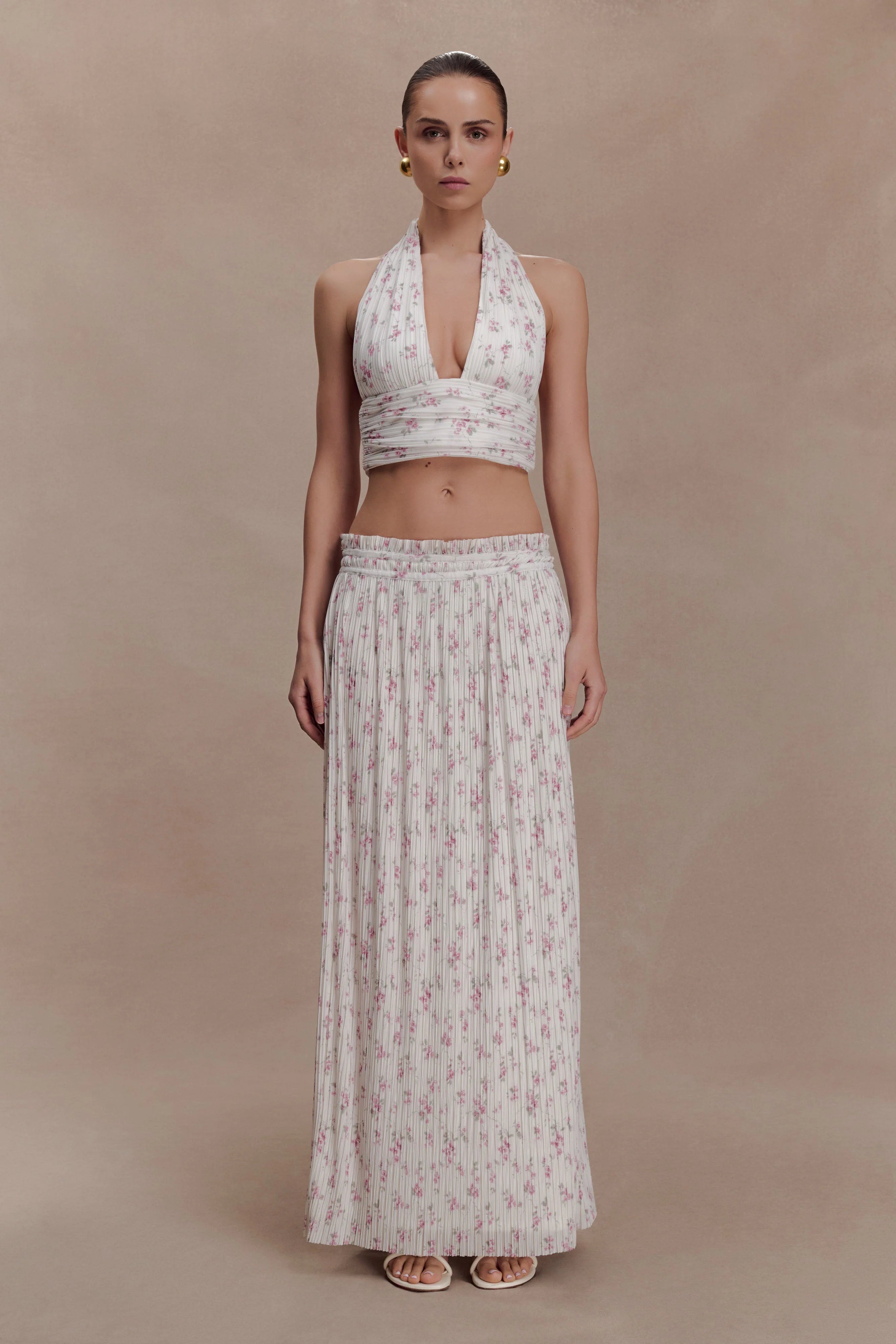 Amaris Gathered Plisse Maxi Skirt - Floral Ditsy Print