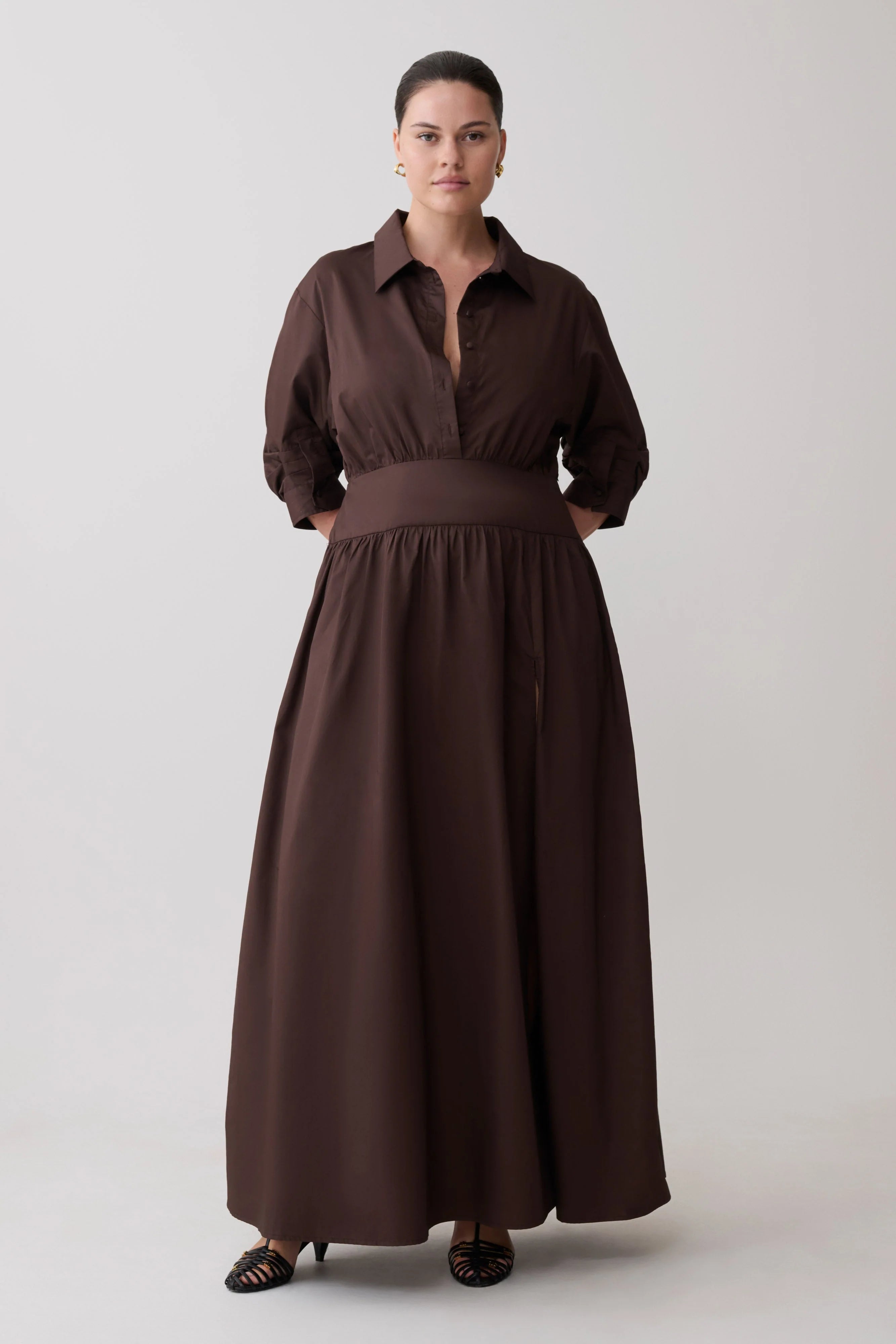 Isolde Long Sleeve Cotton Maxi Dress - Dark Chocolate