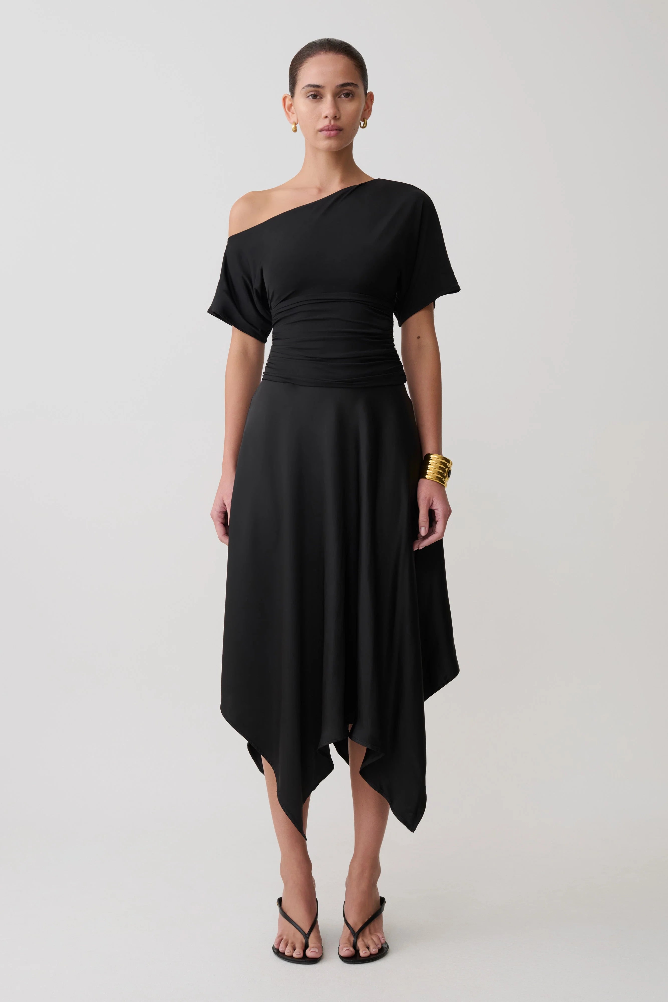 Coralie Asymmetric Satin Midi Skirt - Black