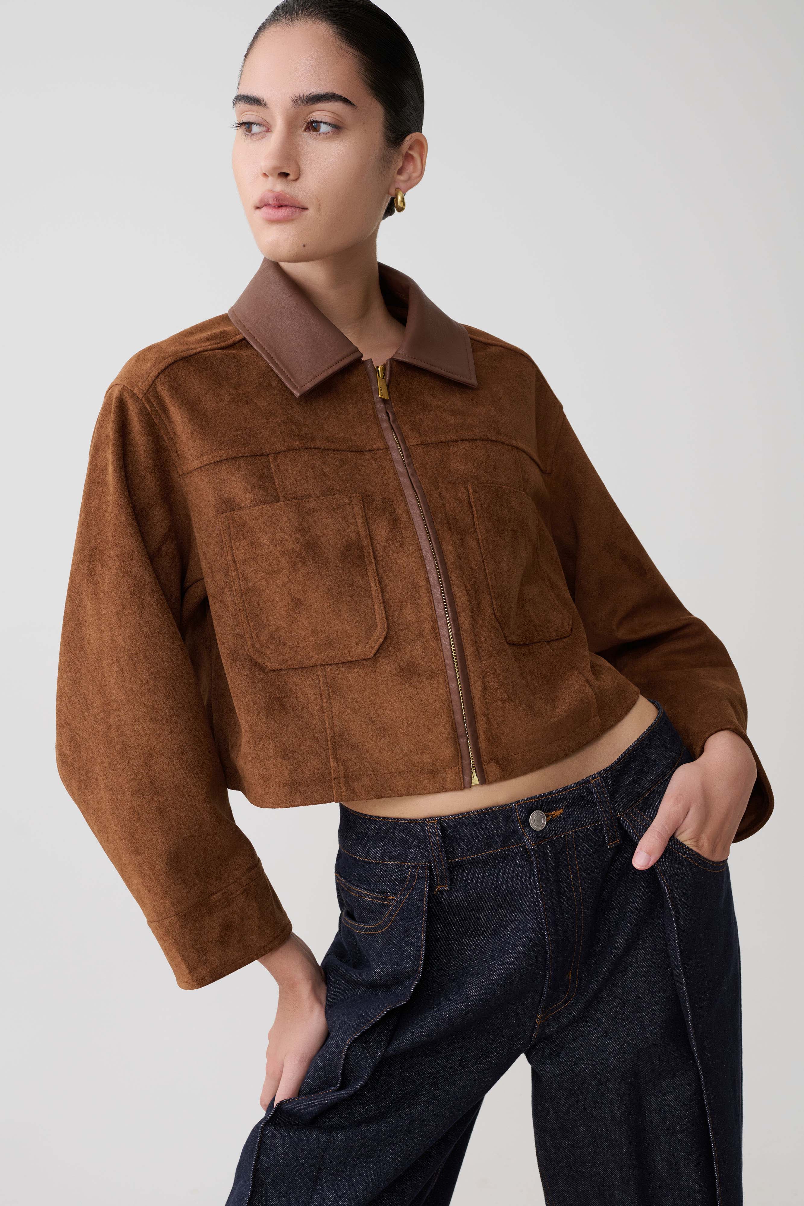 Remy Faux Suede & Leather Collared Jacket - Tan