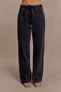 Perrie Mid Rise Straight Leg Tie Jeans - Washed Black