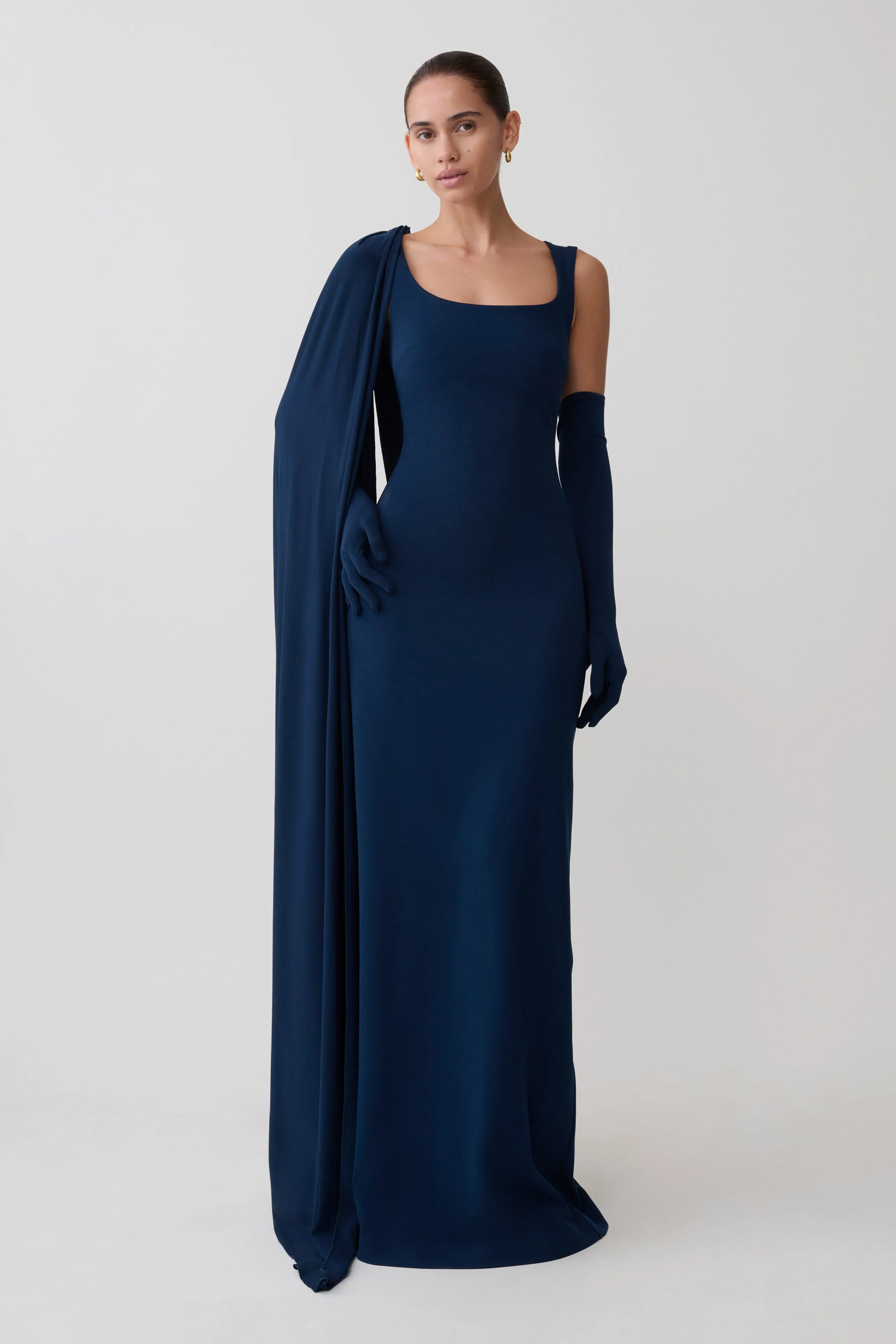 Rhea Detachable Cape Jersey Maxi Dress - Navy