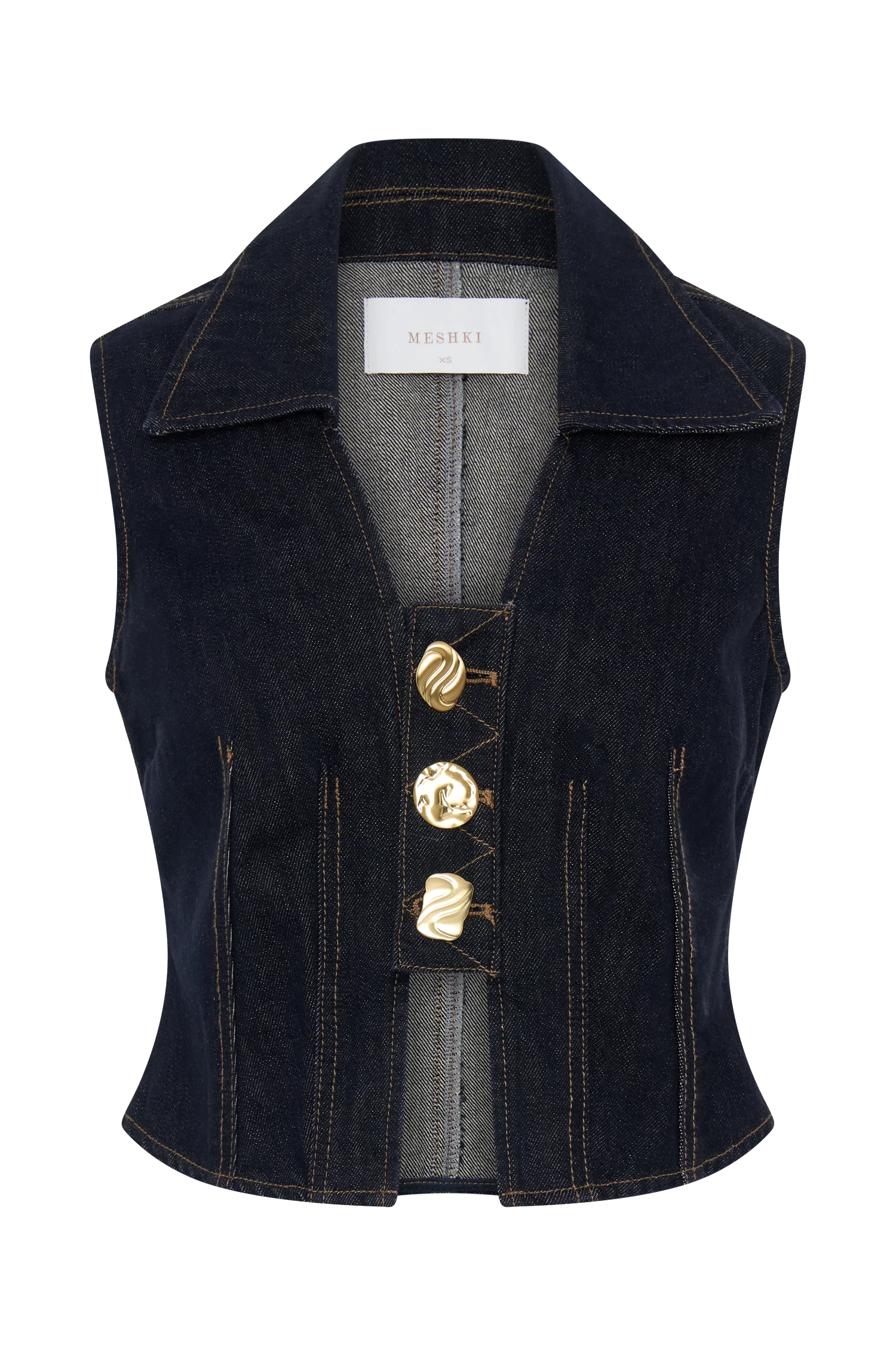 Shona Denim Vest With Decorative Buttons - Washed Indigo Blue