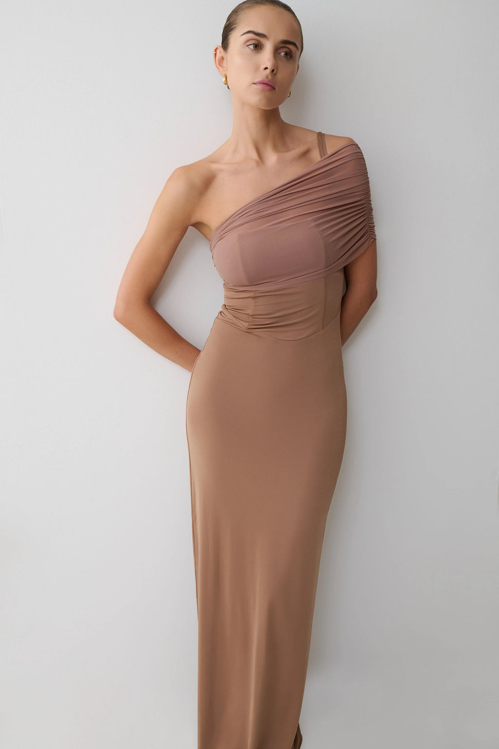 Hanh One Shoulder Mesh Maxi Dress - Tan