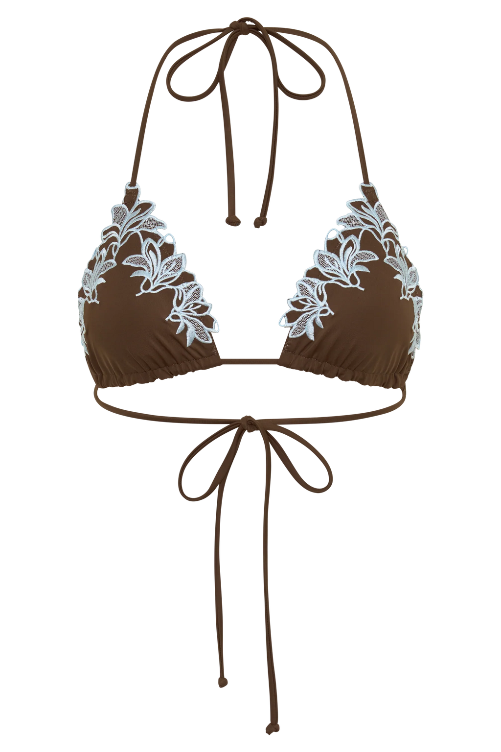 Bloom Embroidered Triangle Bikini Top - Chocolate With Pale Blue Embroidery
