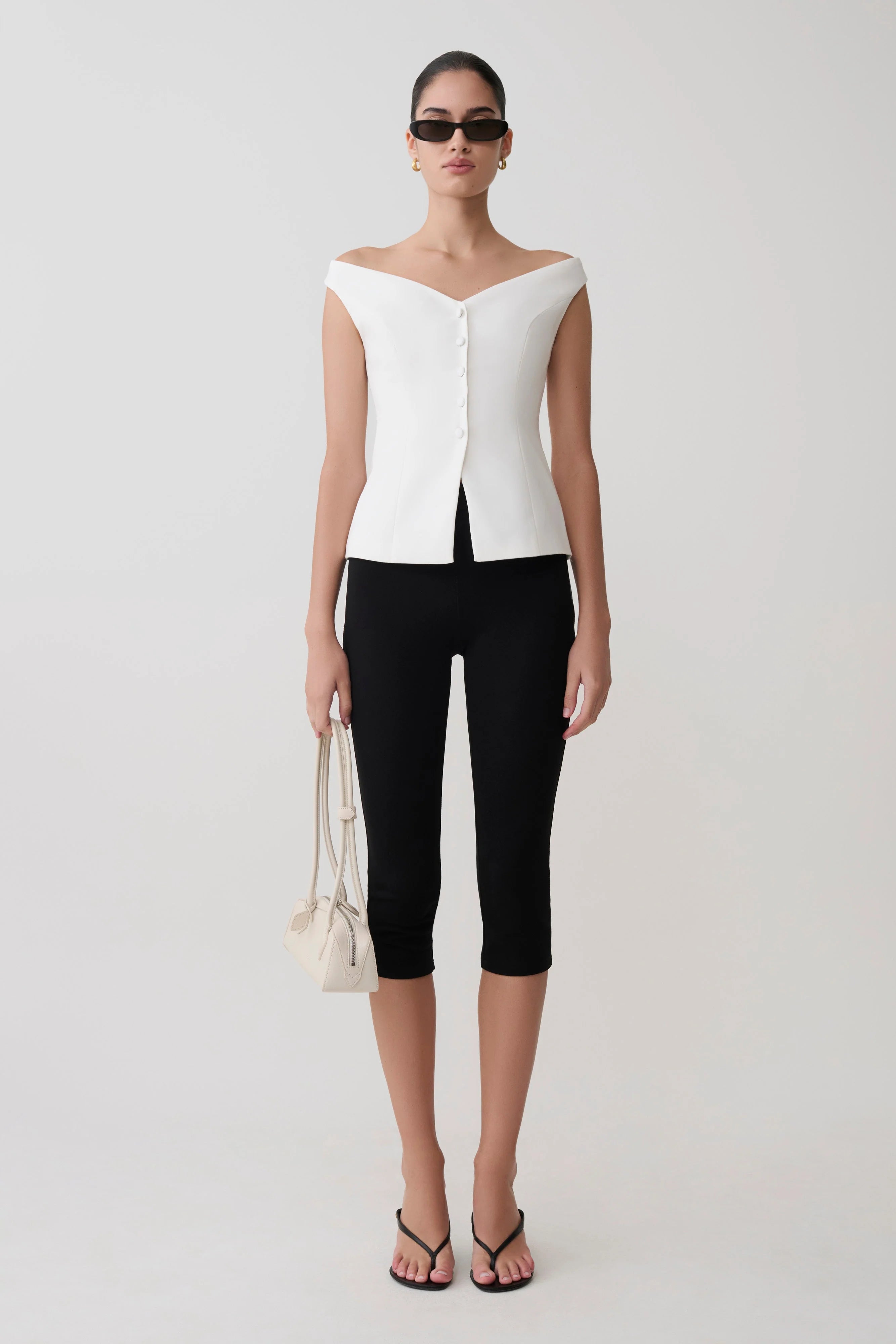 Billie Off Shoulder Sleeveless Button Top - White