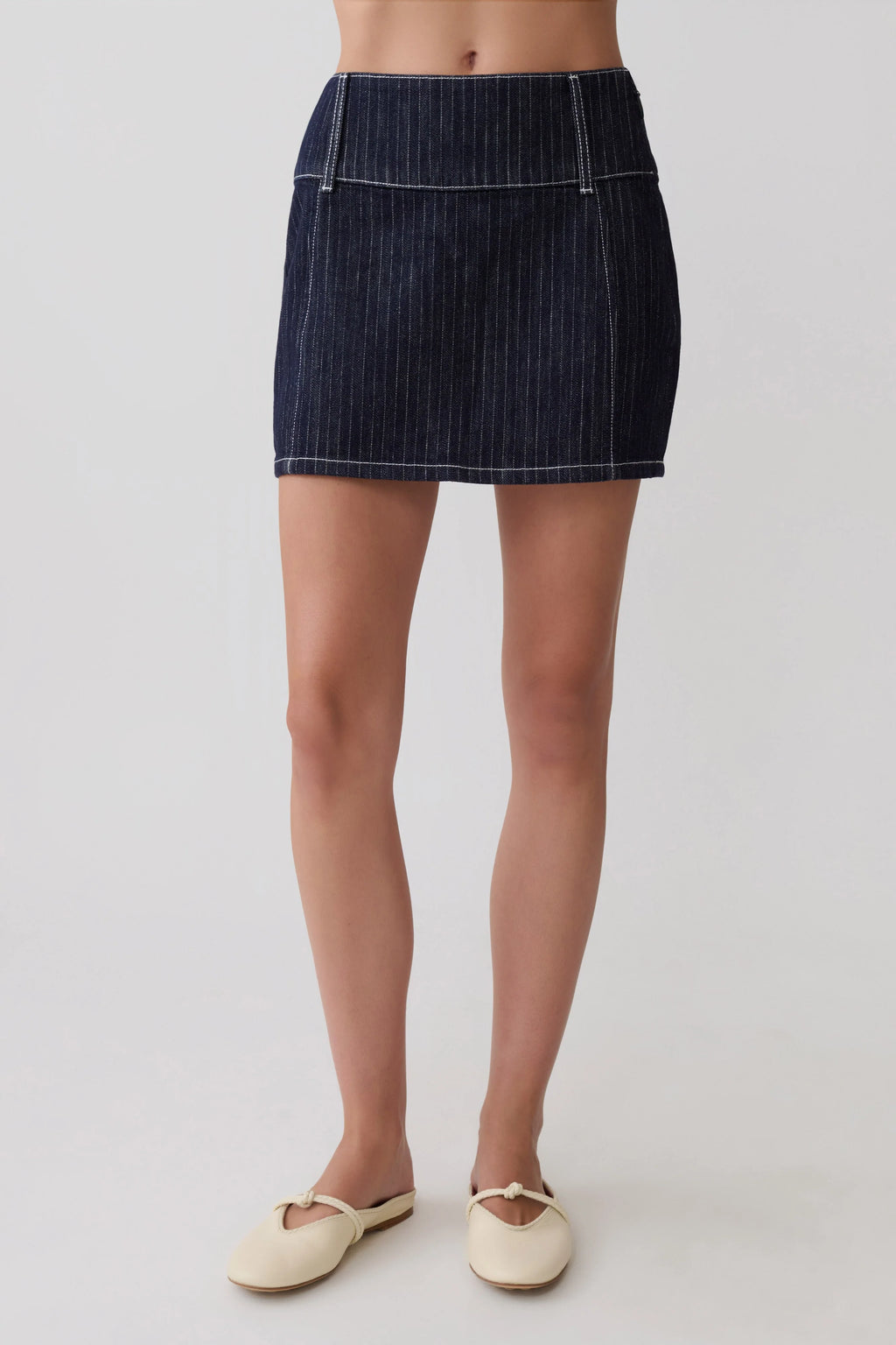 Loraine Mid Rise Denim Mini Skirt - Indigo Pinstripe