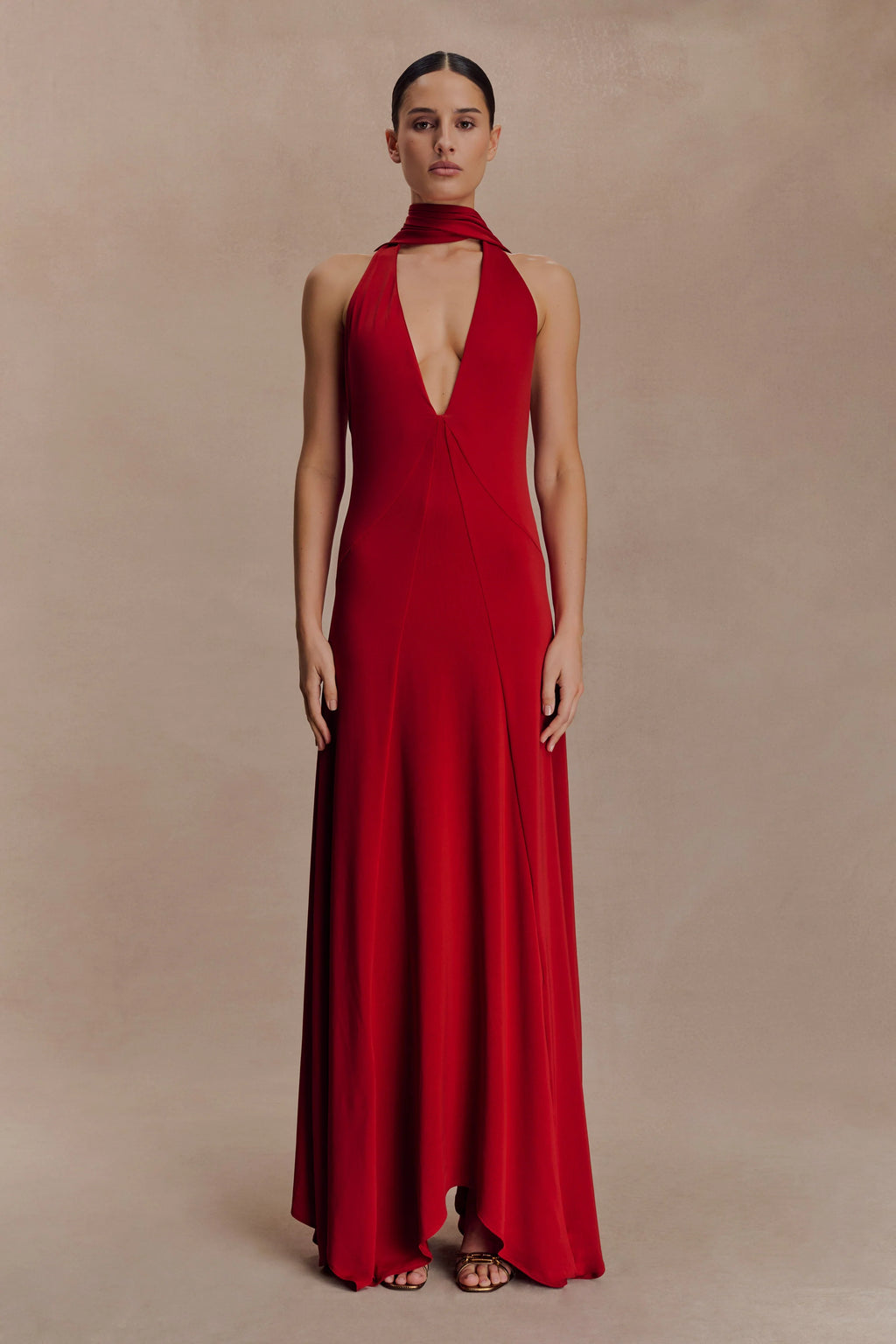 Juliet Slinky Maxi Dress With Scarf - Ruby