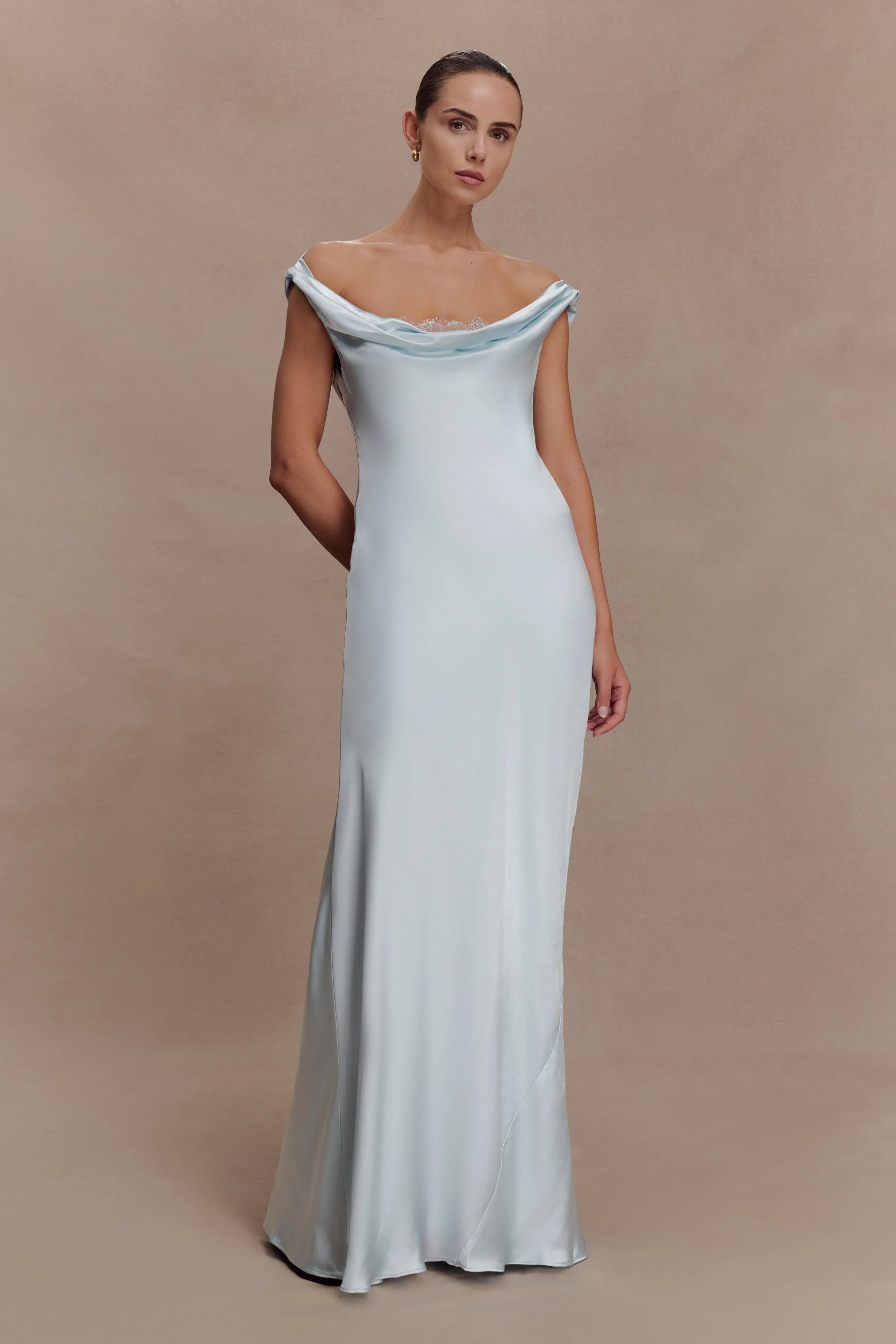 Ashley Cowl Neck Lace And Satin Maxi Dress - Ice Blue