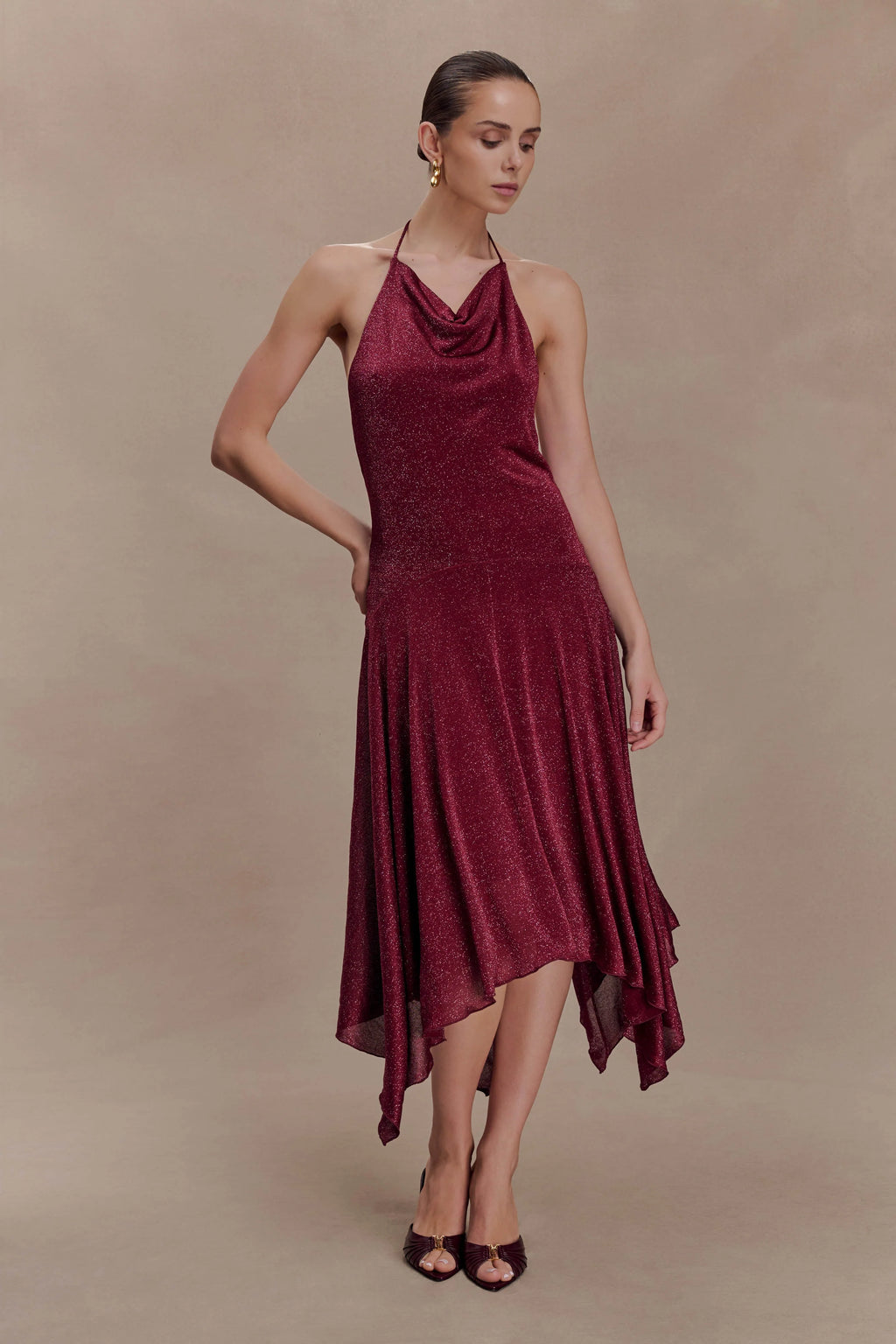 Sylvie Lurex Hankie Midi Dress - Wine