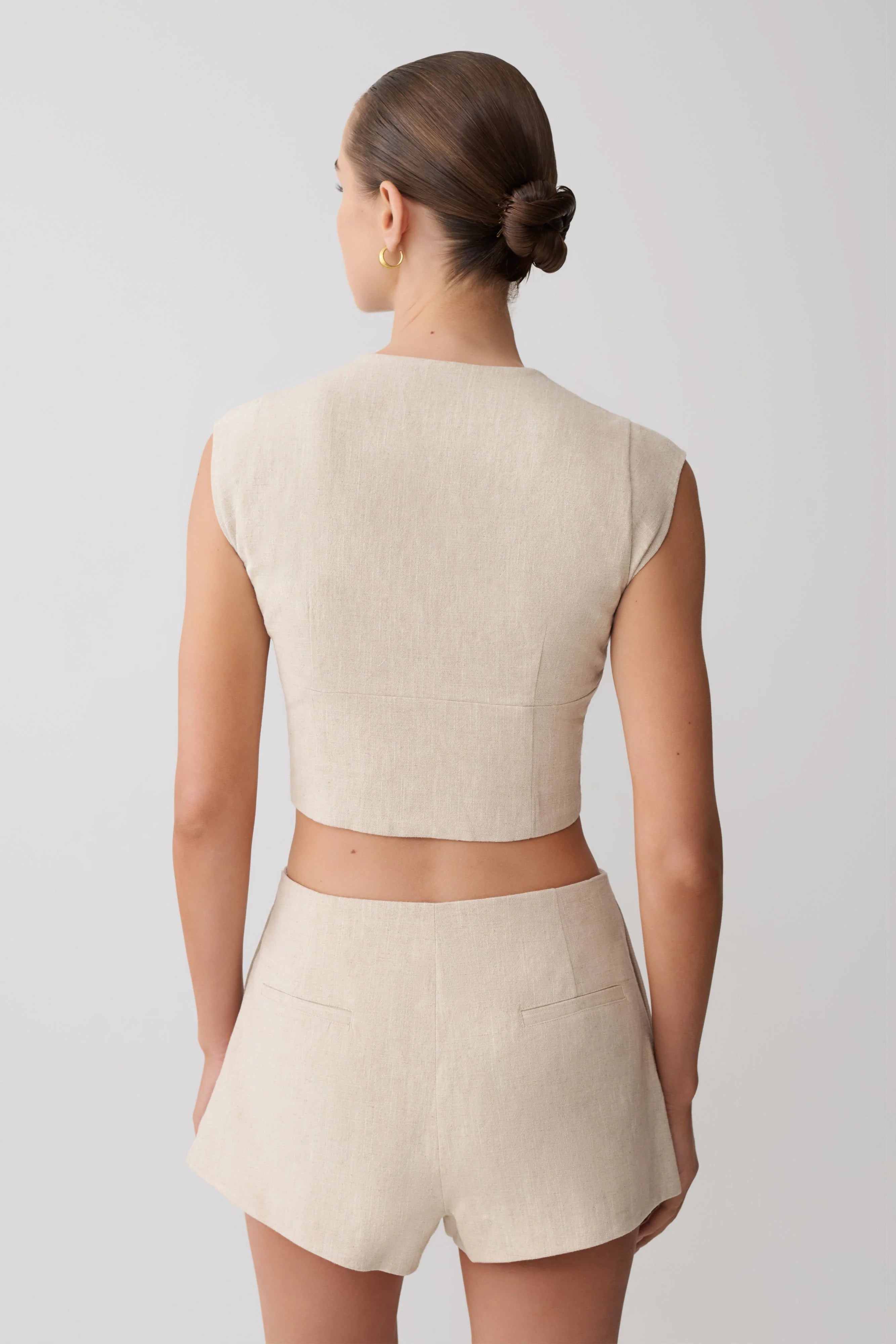 Anahita Linen Front Bows Short Sleeve Top - Natural