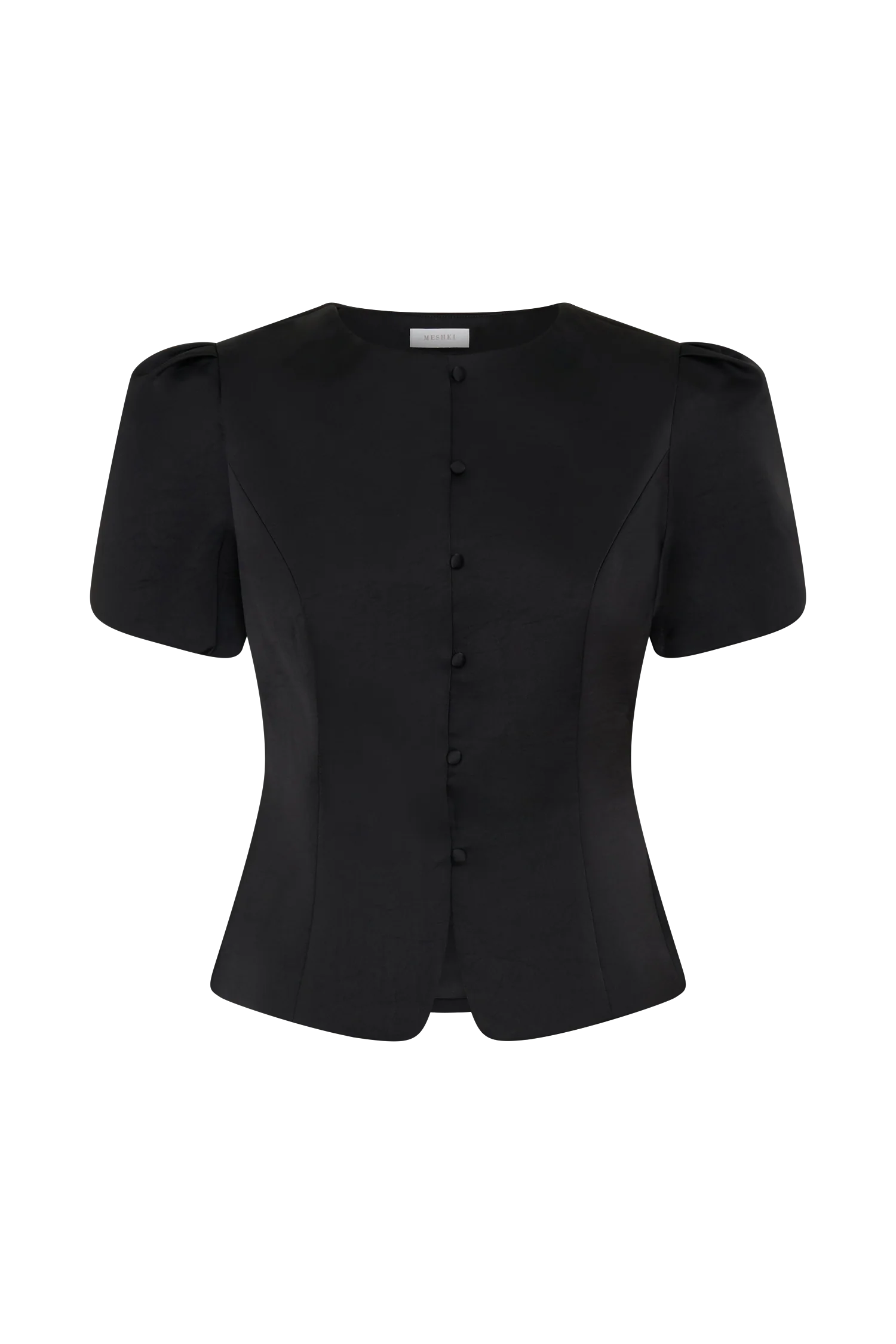 Anne Short Sleeve Satin Top - Black
