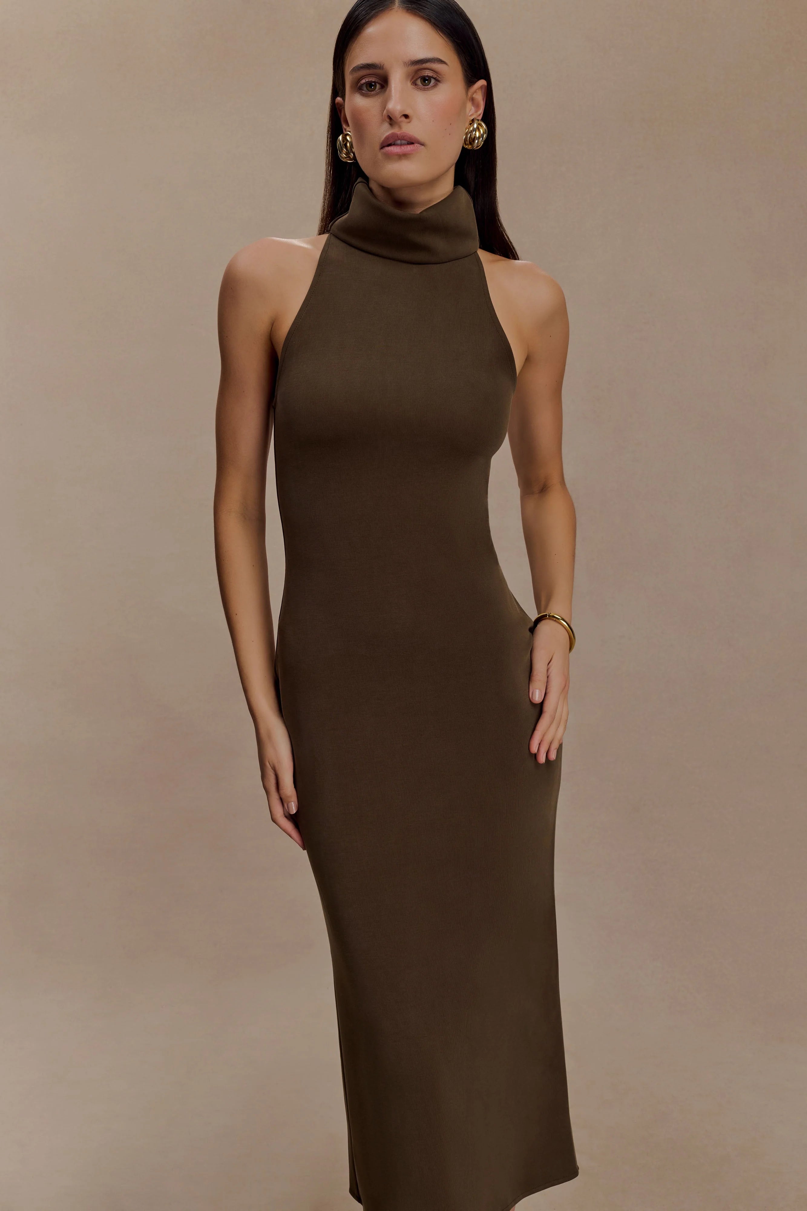 Kennedy High Neck Midi Dress - Chocolate