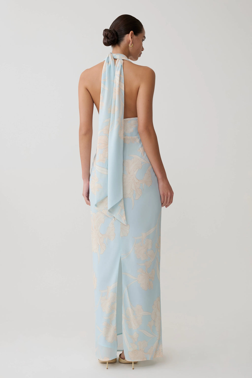 Nadine Halter Scarf Chiffon Maxi Dress - Blue Floral Print