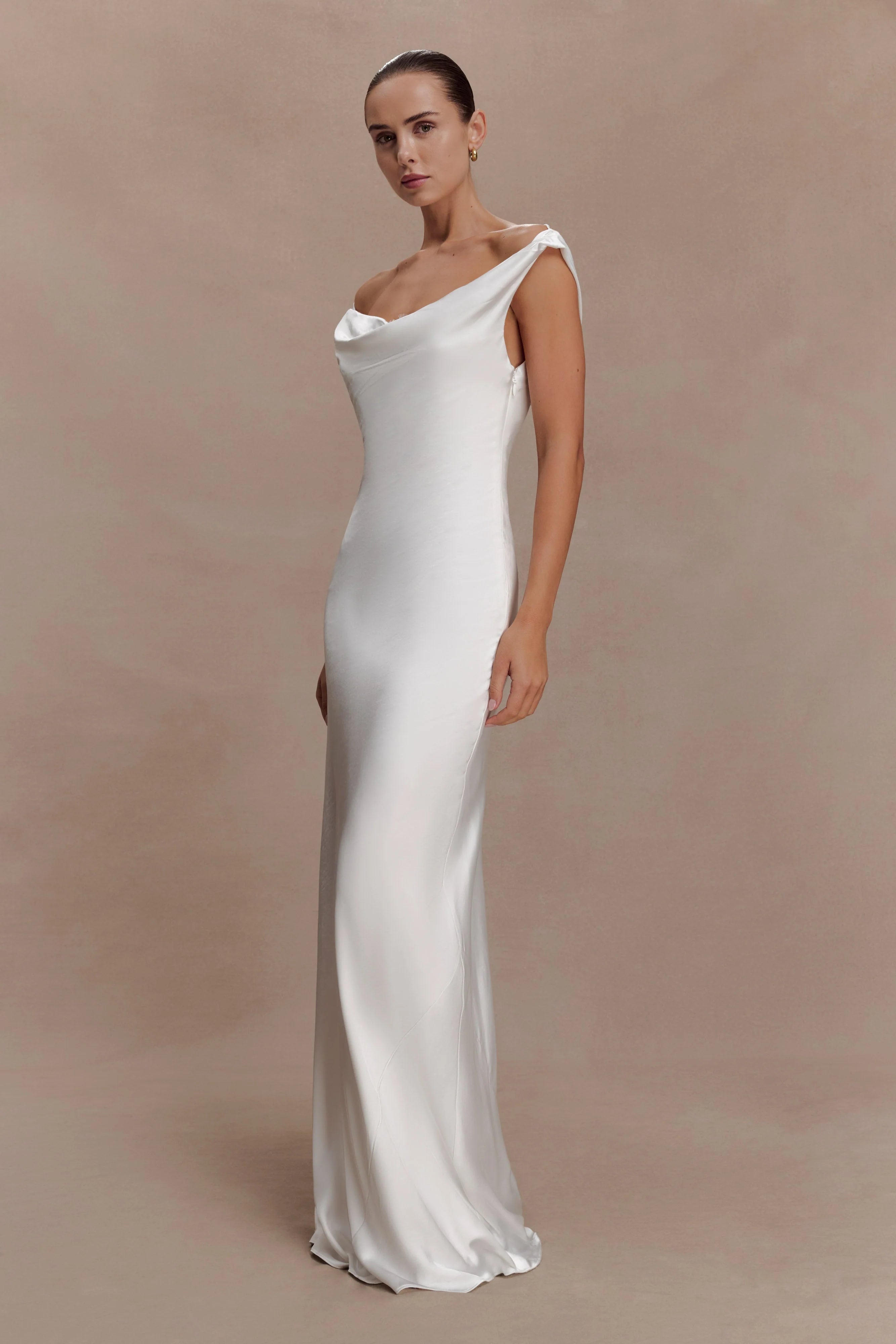 Ashley Cowl Neck Lace And Satin Maxi Dress - Ivory