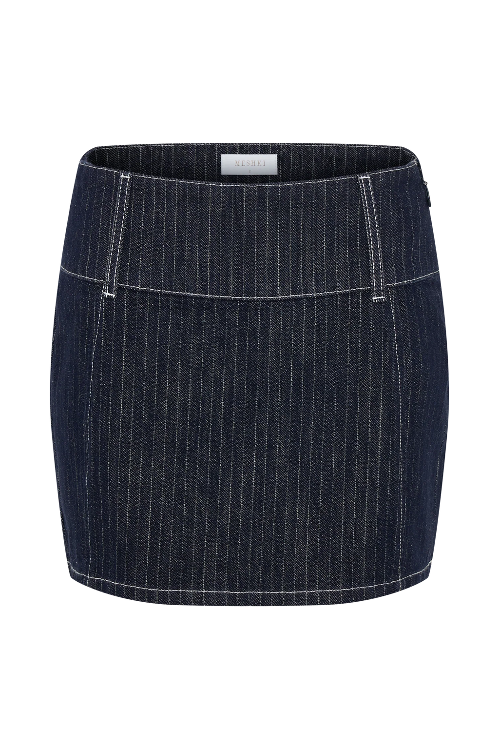 Loraine Mid Rise Denim Mini Skirt - Indigo Pinstripe