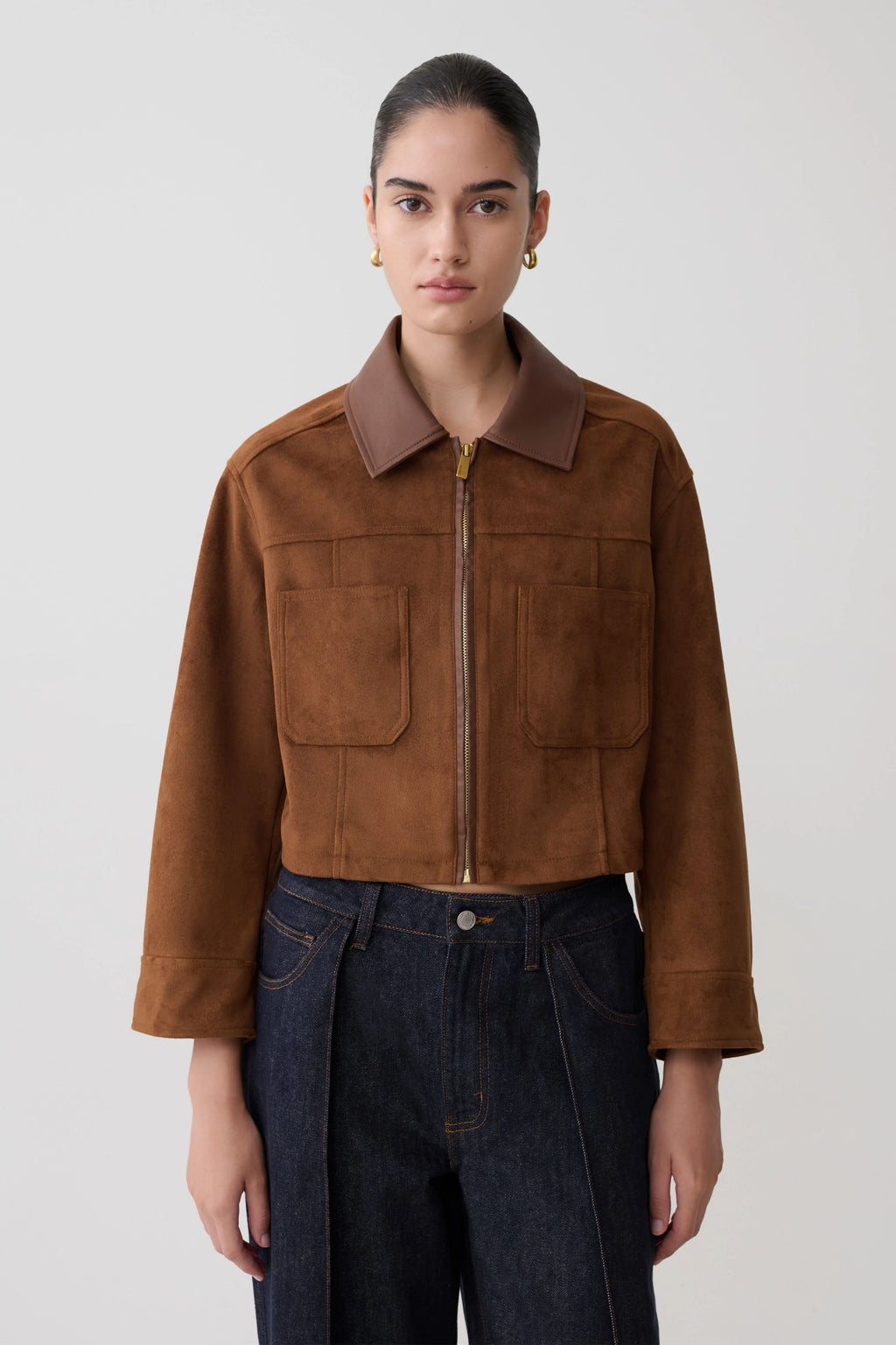 Remy Faux Suede & Leather Collared Jacket - Tan