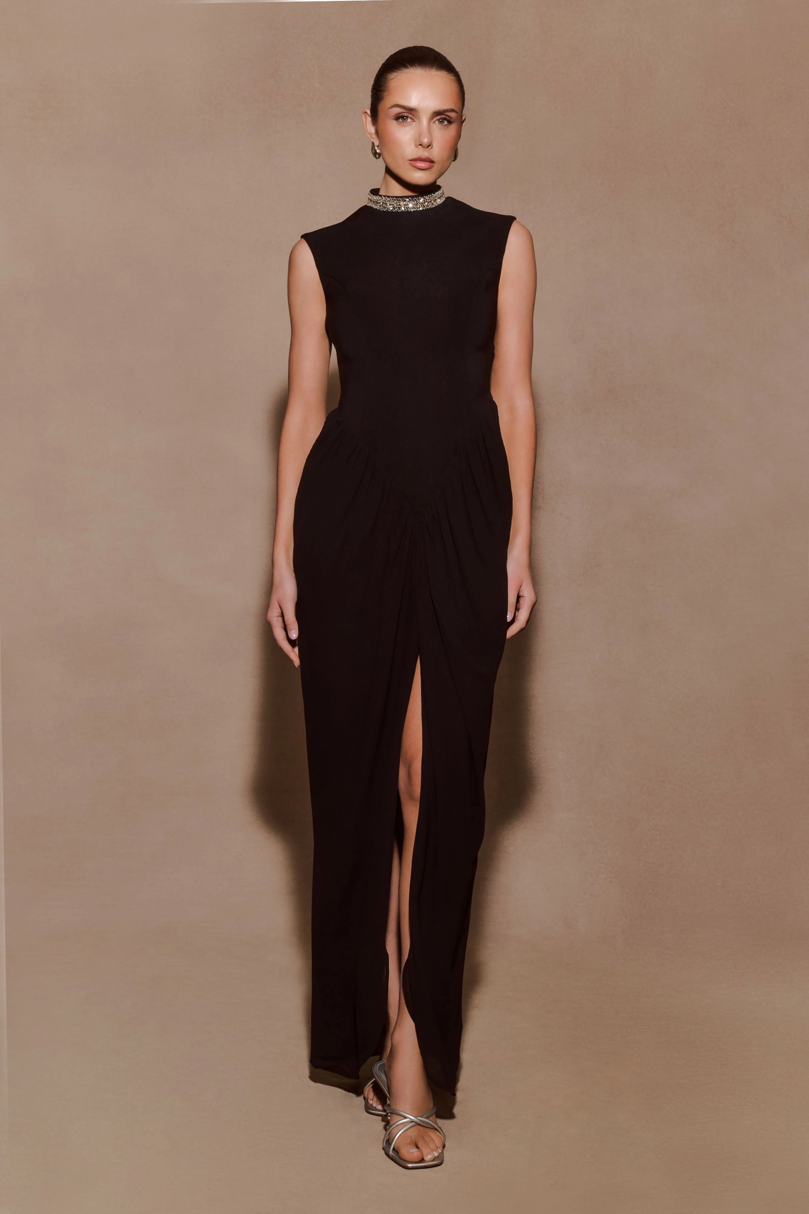 Elisa Diamante Neck Maxi Dress - Black