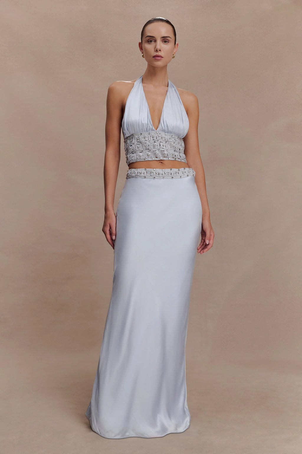 Clementine Chiffon Hand Beaded Top - Pale Blue