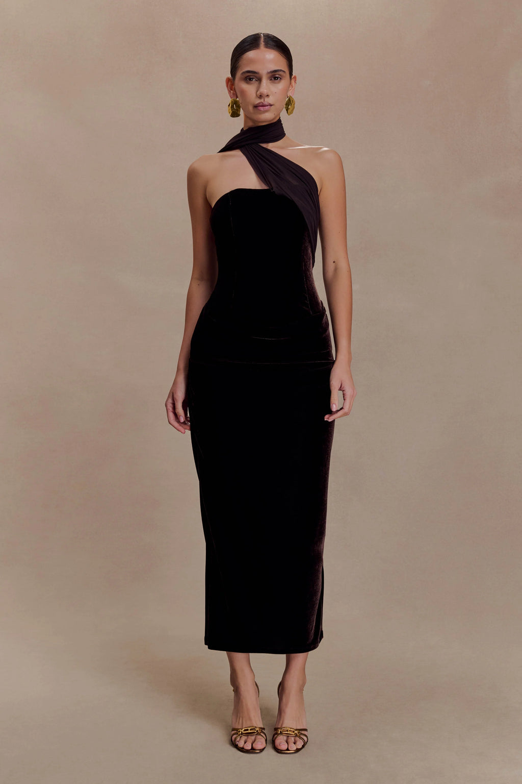 Mattea Velvet Midi Dress With Scarf - Chocolate