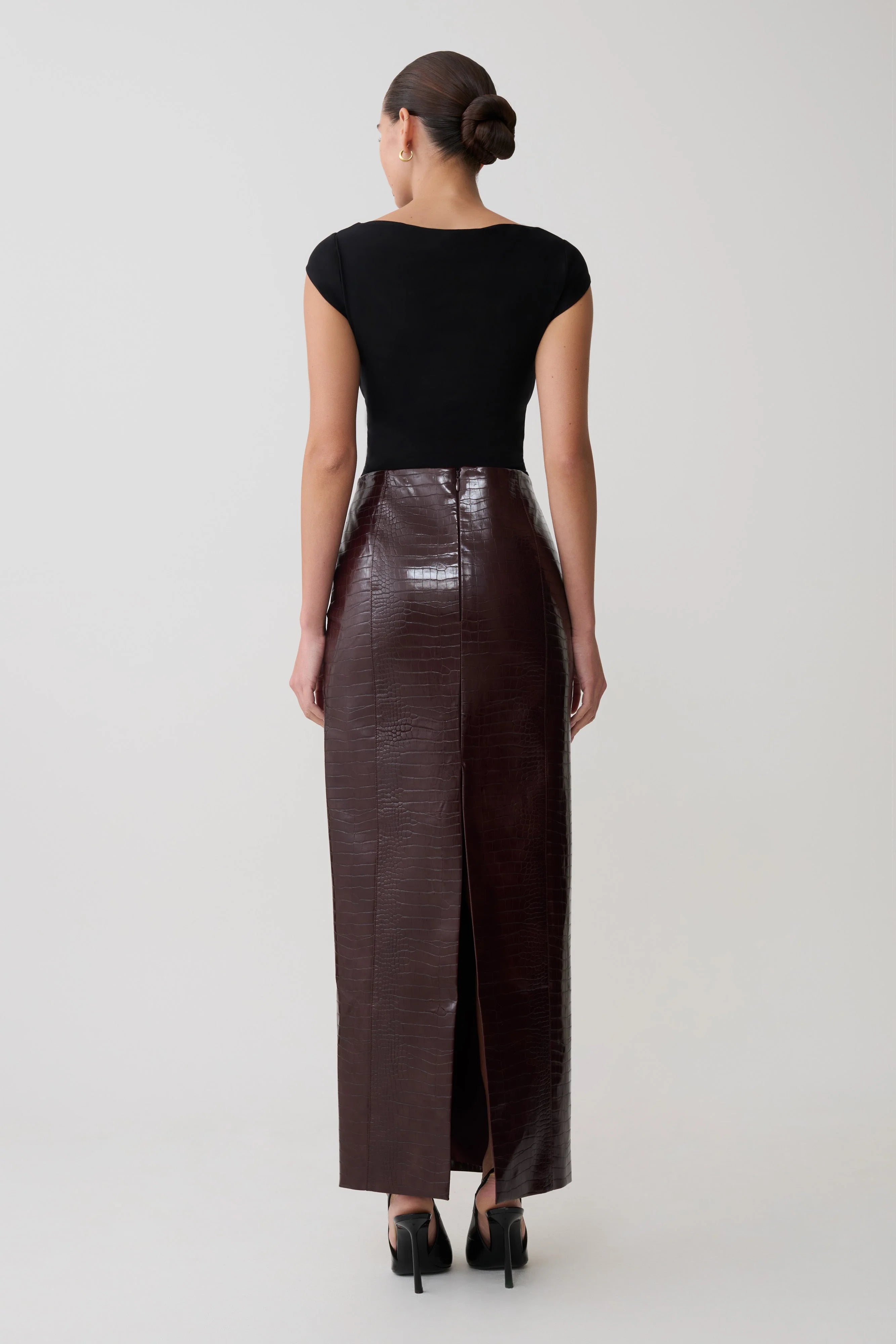 Thalia Croc Faux Leather Midi Skirt - Merlot