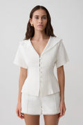 Melody Short Sleeve Shirt With Lace Collar - White