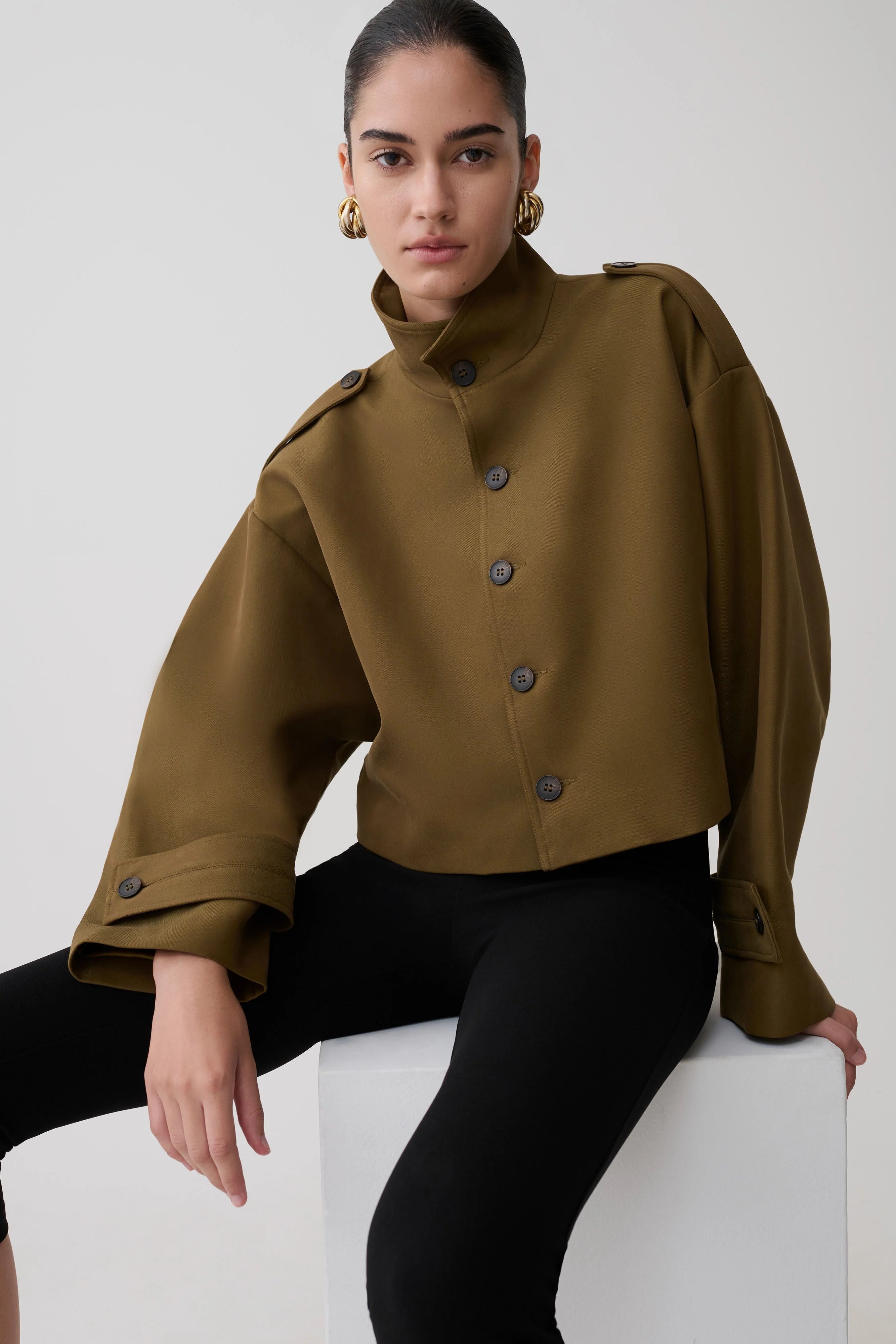 Rue Funnel Neck Bomber Jacket - Khaki
