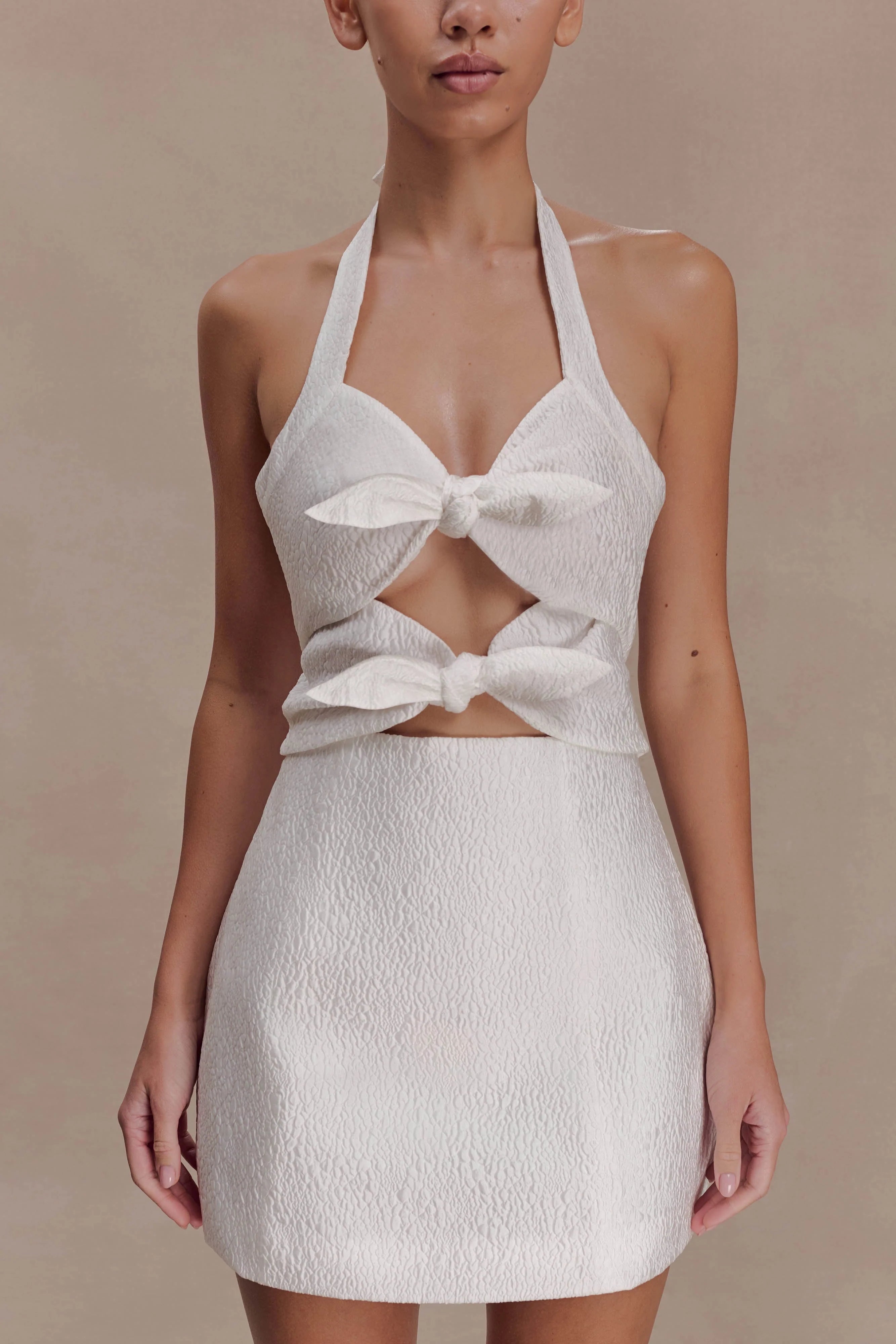 Ella Bow Detail Halter Mini Dress - White