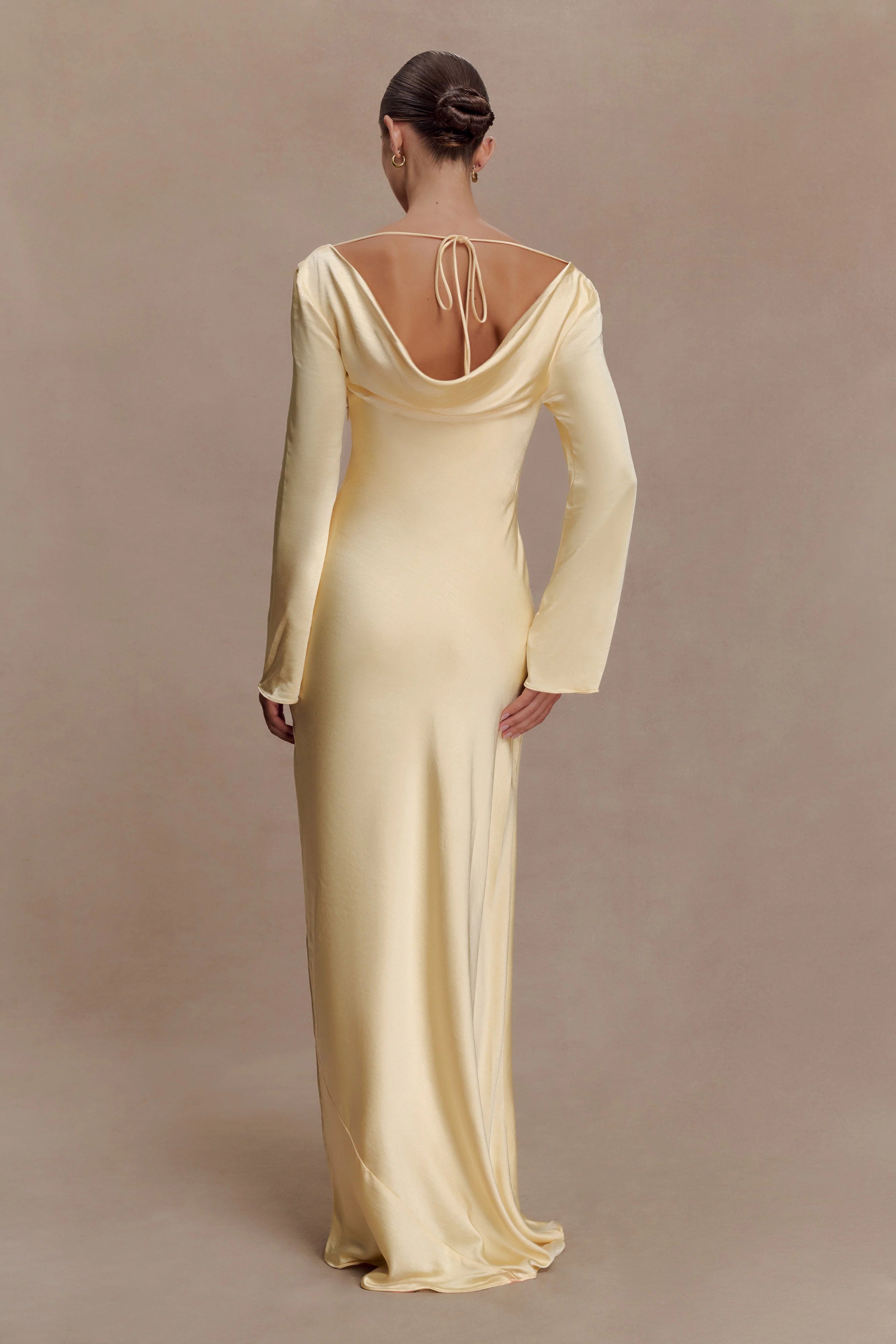 Eliza Long Sleeve Cowl Lace And Satin Maxi Dress - Lemon