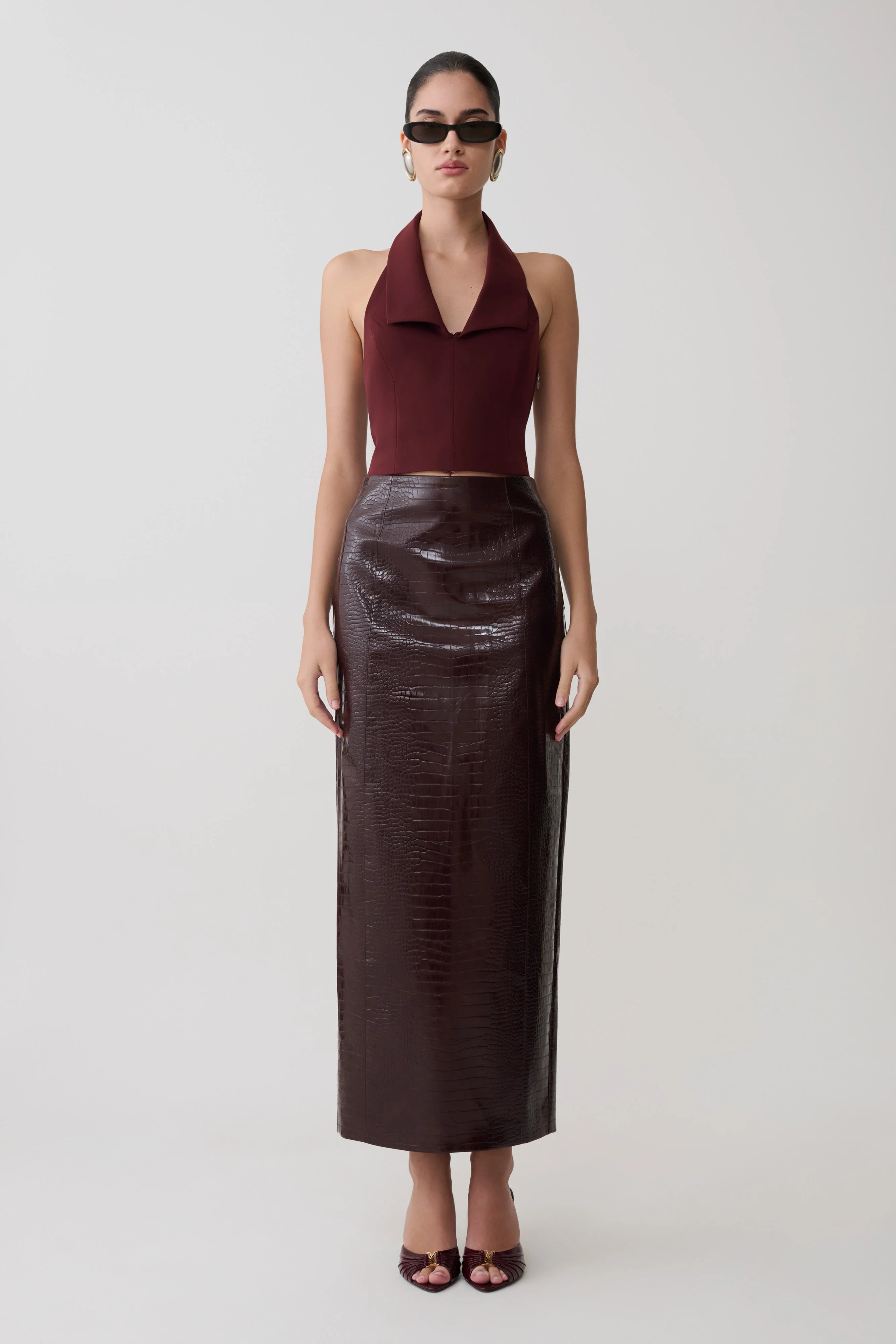 Thalia Croc Faux Leather Midi Skirt - Merlot