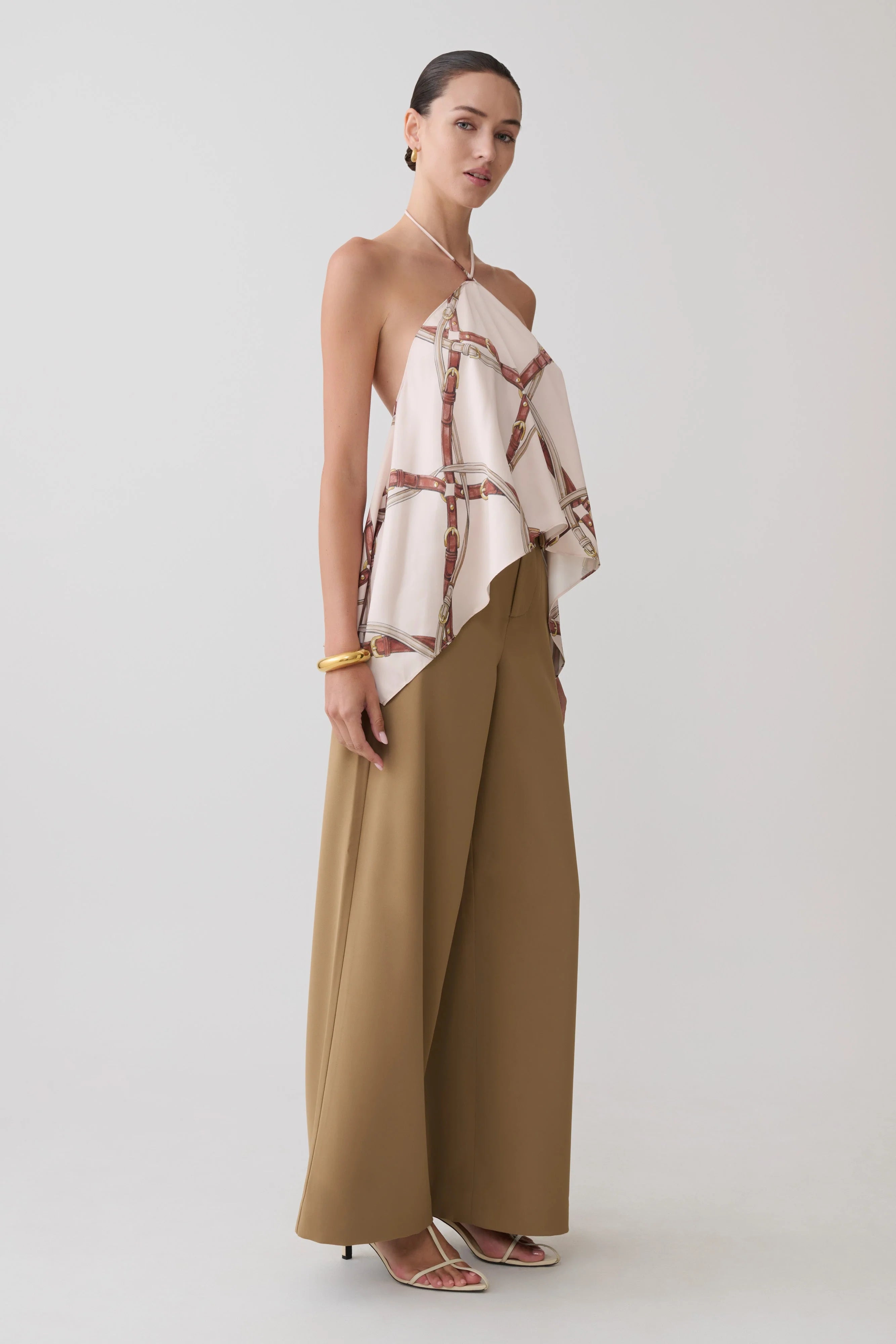 Adelaide Draped Satin Halter Top - Chain Print