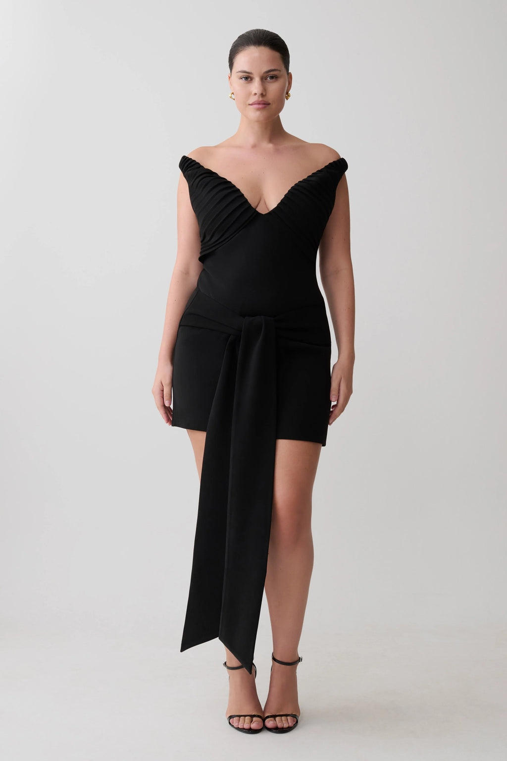 Runa Off Shoulder Mini Dress With Waist Tie - Black