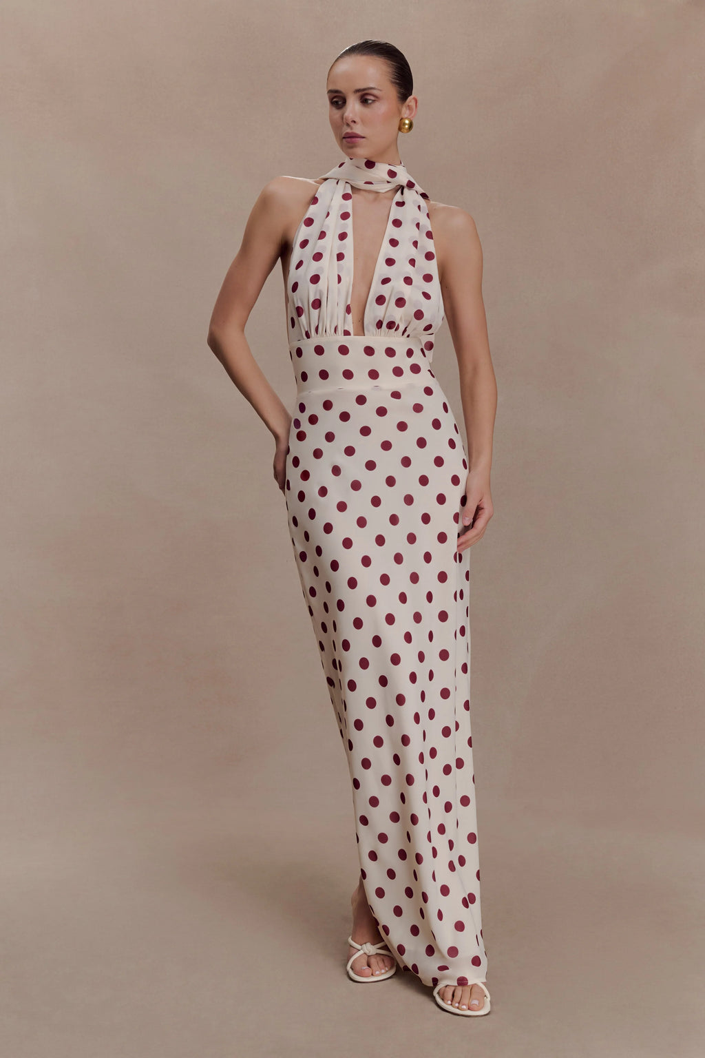 Nadine Halter Chiffon Maxi Dress - Ivory/Merlot Polka Dot