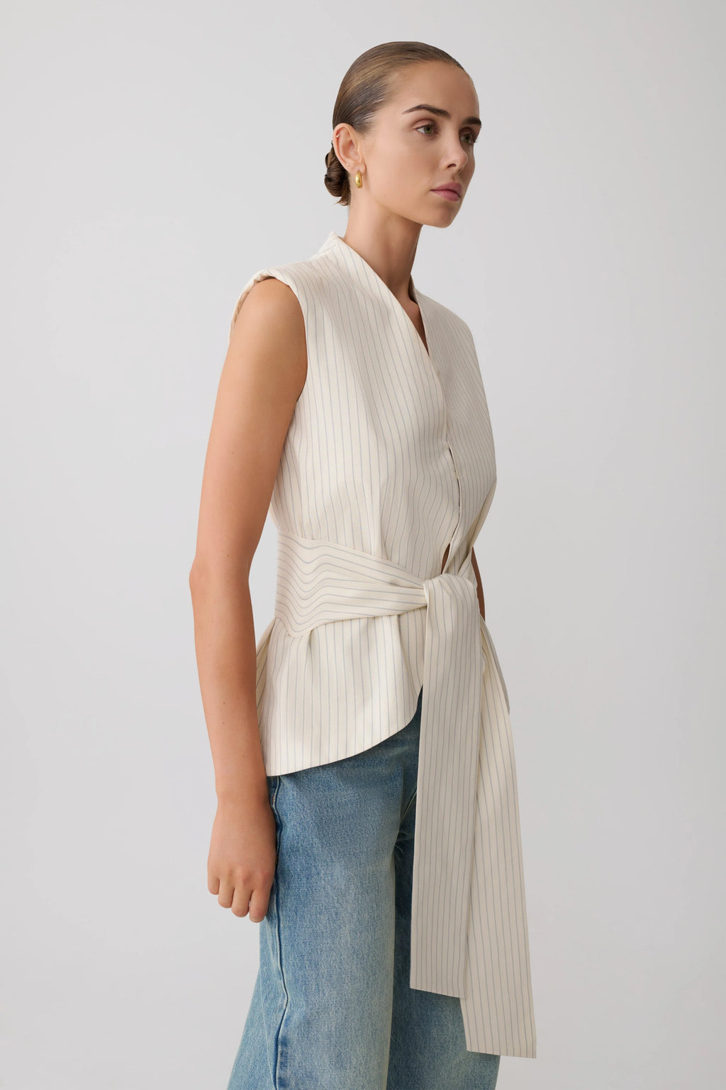Alina Waist Tie Sleeveless Top - Stripe