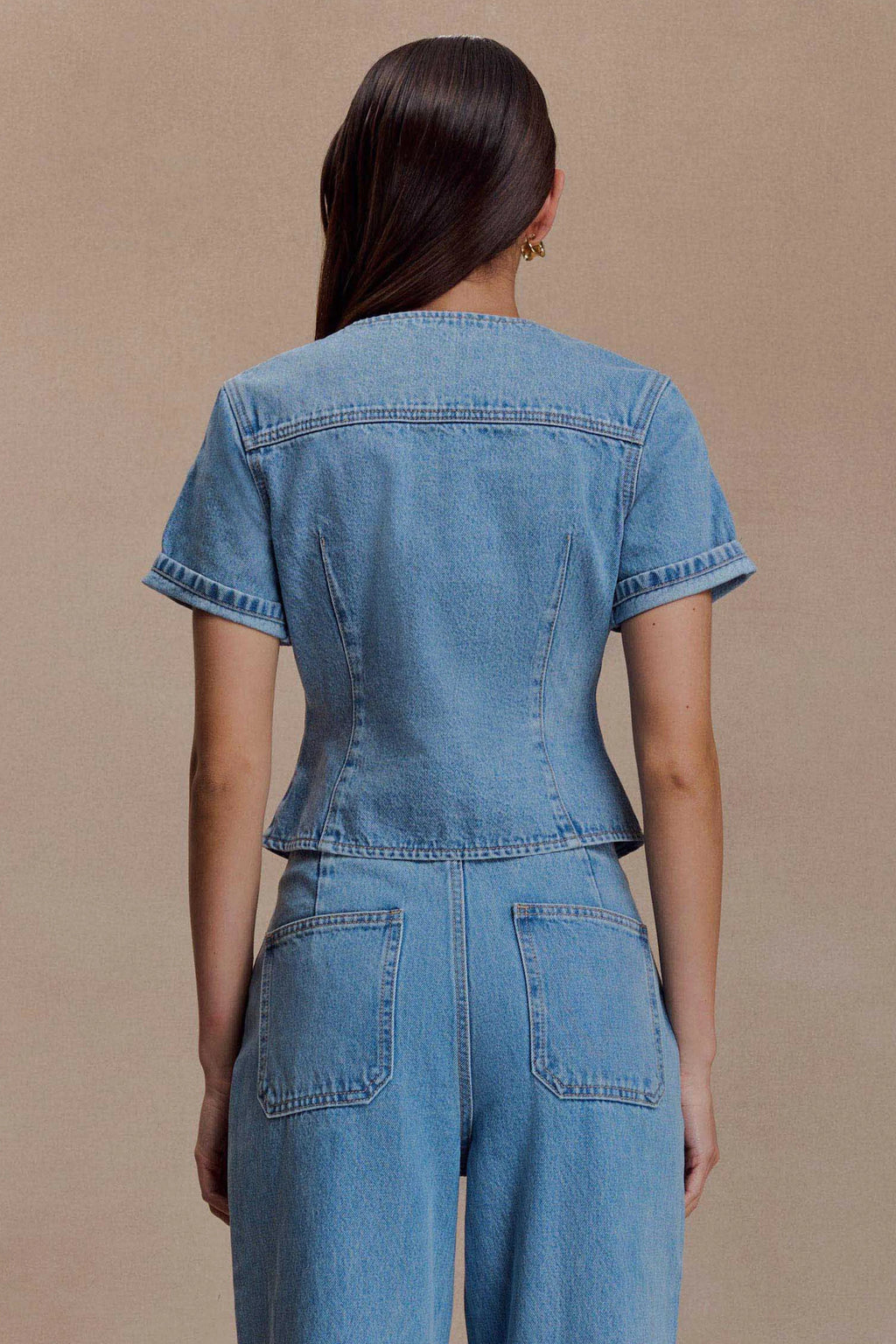 Marge Fitted Denim Short Sleeve Top - Classic Blue
