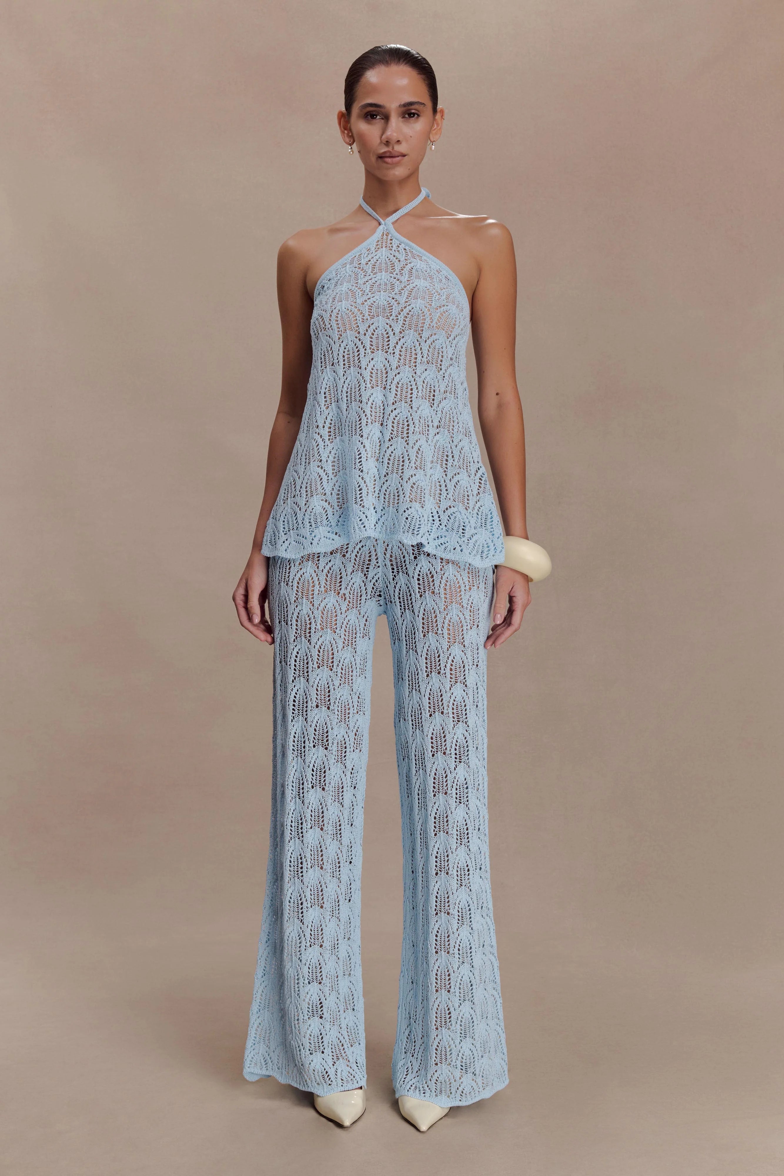 Corey Crochet Halter Neck Top - Light Blue