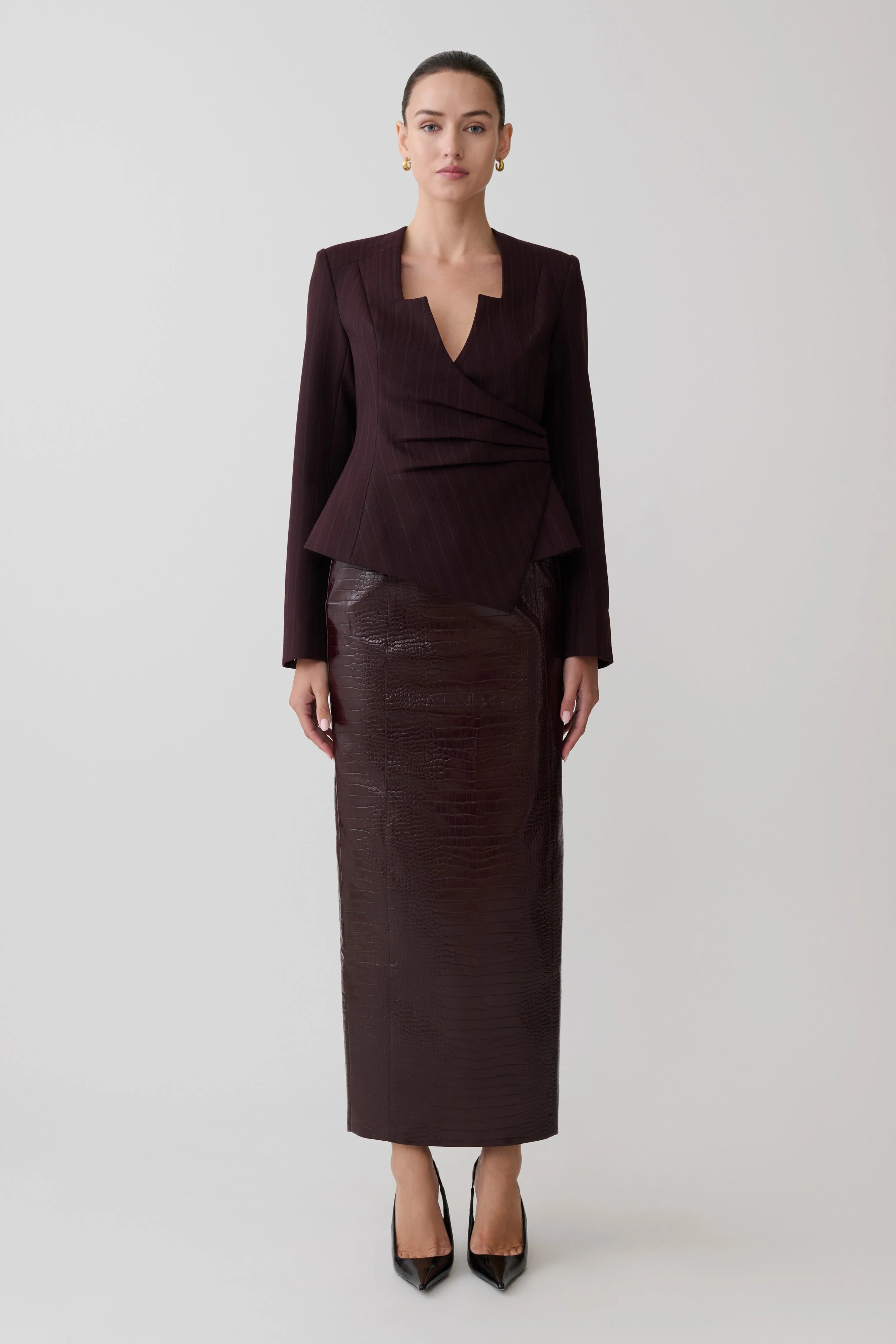 Agatha Square Neck Blazer - Plum Pinstripe