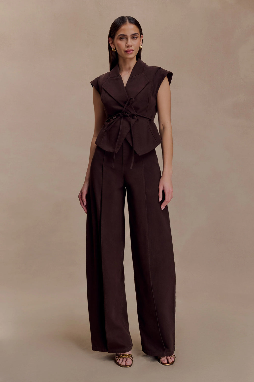 Charley Structured Tie Denim Top - Chocolate
